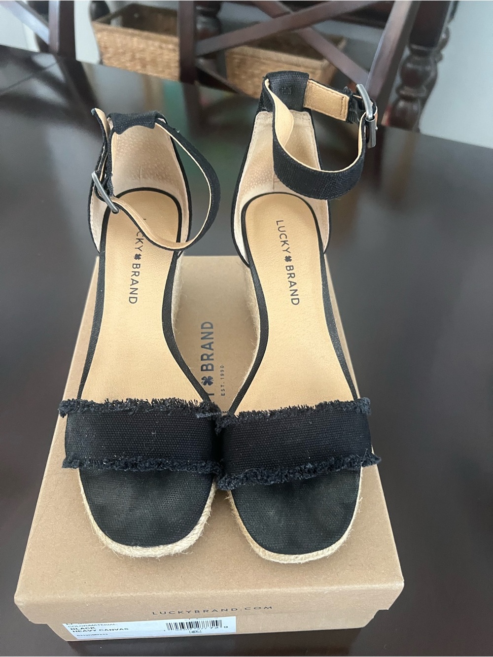 Lucky Brand Black Frayed-Trim Ankle Strap Espadrilles